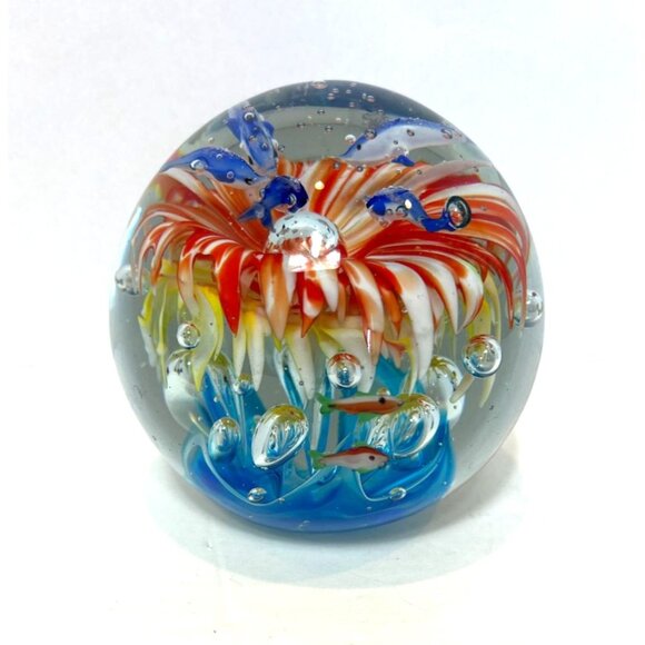 Magnum Art Glass Paperweight Murano Fish Anenome Dolphins Aquarium 5.25" Wide - Picture 1 of 7